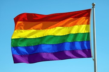 Rainbow Flag Proudly Waving in a Clear Blue Sky During a Celebration of Love and Diversity