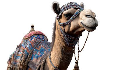 Majestic camel adorned in colorful textiles on transparent background