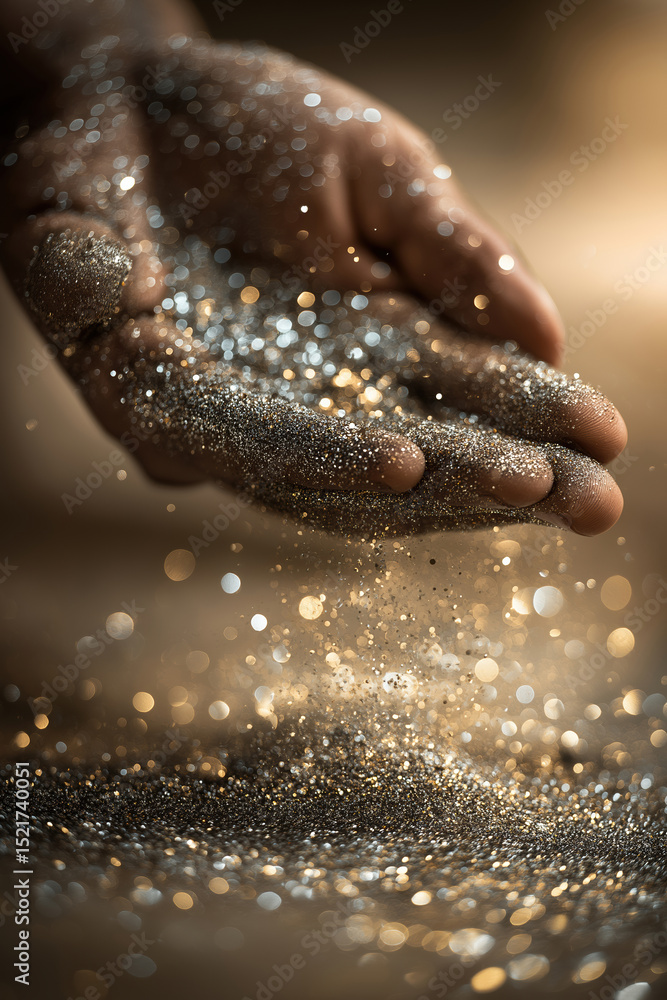 Poster hand pouring shimmering particles in soft light, creating a magical atmosphere