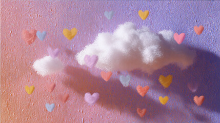 Colorful confetti hearts and shapes falling from fluffy white clouds against sky. Whimsical celebration scene with pastel colors and dreamy atmosphere