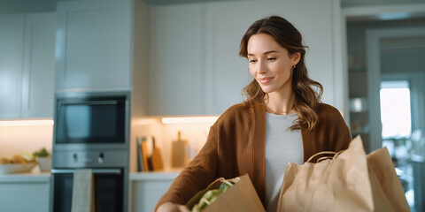 Woman unpacking grocery bags in her modern kitchen.  She is smiling, showcasing a feeling of contentment and domesticity.