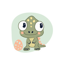Cute cartoon green chameleon with egg. Vector illustration in flat style