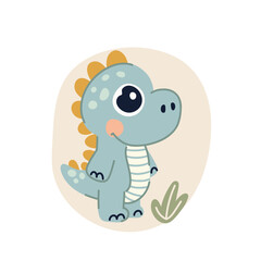 Cute cartoon blue dinosaur. Vector illustration in flat style.