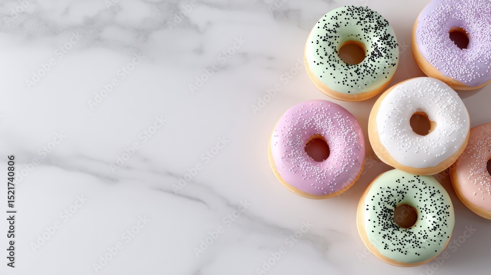 Aufkleber row of colorful donuts on a marble countertop. the donuts are arranged in a neat row, with some of t