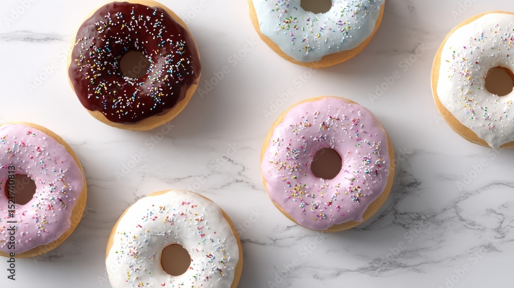 Poster row of donuts with different colored frosting and sprinkles. the donuts are arranged in a row on a m