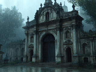 moody illustration of historical cemetery entrance in rain with baroque style gate wet cobblestone ground and glowing lanterns misty atmosphere evoking quiet reverence and somber reflection