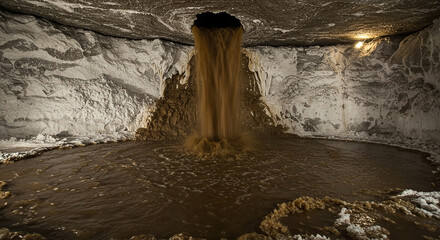 a gush of dirty water flowing from a hole in the ceiling of a salt mine