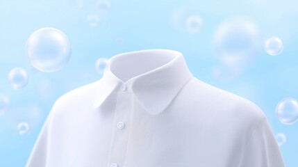 White shirt mock up with collar displayed against a soft blue background featuring bubbles, ideal for showcasing fashion designs and branding concepts in a clean aesthetic