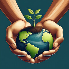 an cartoon image of two raised hands holding half of the earth from which a green plant grows, save the planet