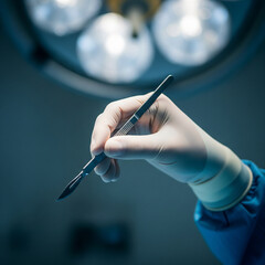A gloved surgeon's hand holding a scalpel