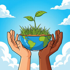 an cartoon image of two raised hands holding half of the earth from which a green plant grows, save the planet