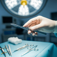 A gloved surgeon's hand holding a scalpel