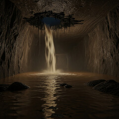 a gush of dirty water flowing from a hole in the ceiling of a salt mine