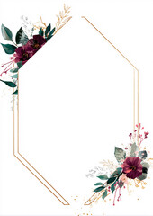 Elegant geometric gold frame with watercolor floral elements and purple leaves. Wedding invitation border design with botanical decoration and empty white space