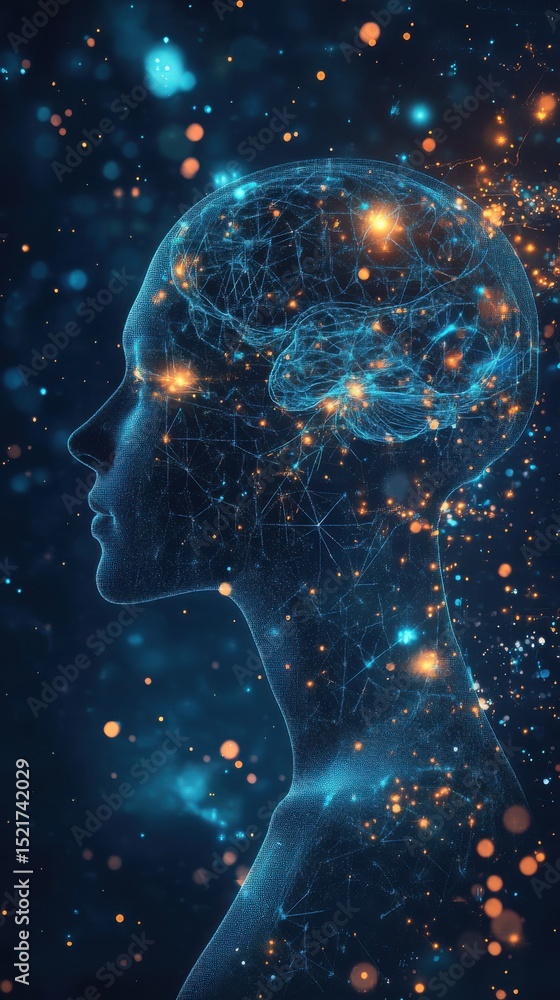 Aufkleber digital representation of human head with glowing particles and network connections shown in profile
