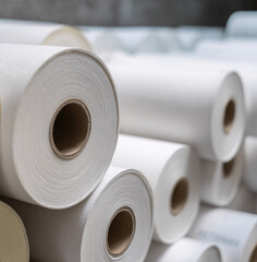 Large white paper rolls in industrial printing factory with manufacturing equipment. Commercial paper production facility showing newsprint or printing paper inventory