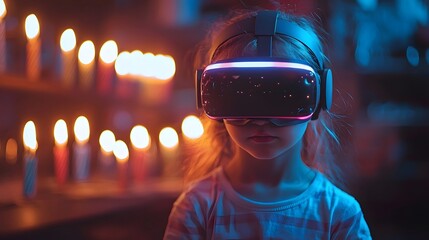 A child exploring a virtual birthday party through a VR headset