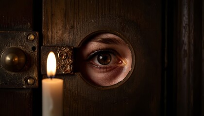 Creepy eye peering through keyhole with candle light for Halloween atmosphere