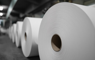 Large white paper rolls in industrial printing factory with manufacturing equipment. Commercial paper production facility showing newsprint or printing paper inventory