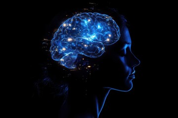 Obraz premium Silhouette of a face with a glowing blue brain on a black background showing intelligence