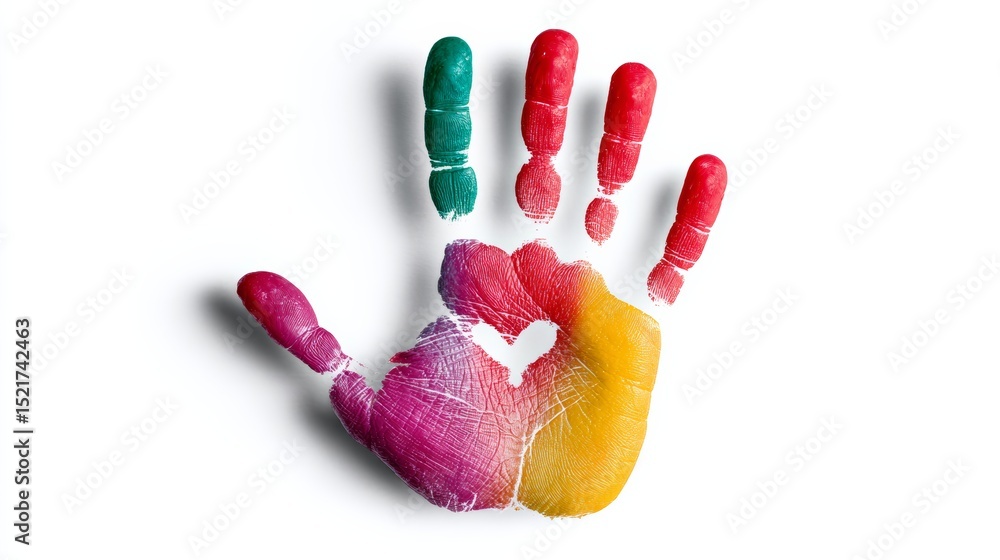 Poster hand with a heart in the middle of it. the hand is multicolored and has a rainbow pattern