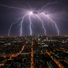 Many lightnings over the city at night