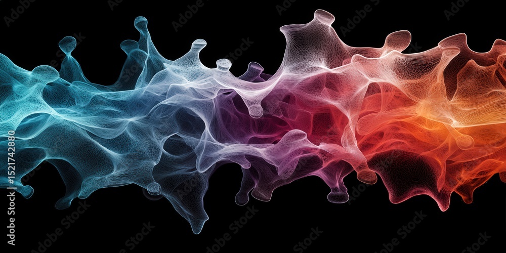 Poster abstract colorful mesh waves intertwine on a black background, blending blue, white, and red hues in
