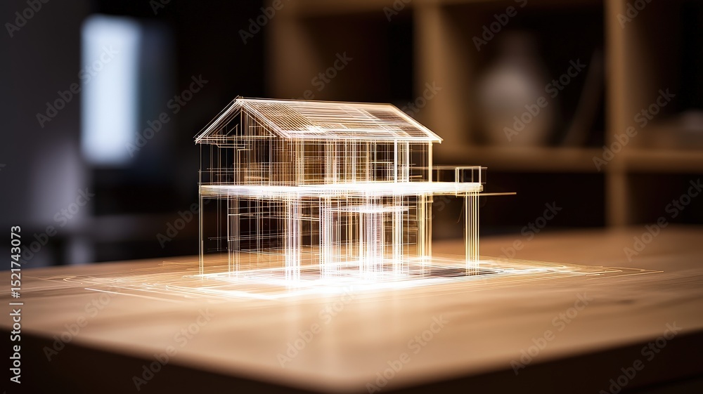 Poster system design implementation concept. a glowing wireframe model of a house sits on a wooden table, s