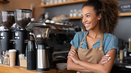 A young Black woman with an afro stands proudly in a coffee shop, crossing her arms and smiling while enjoying her work