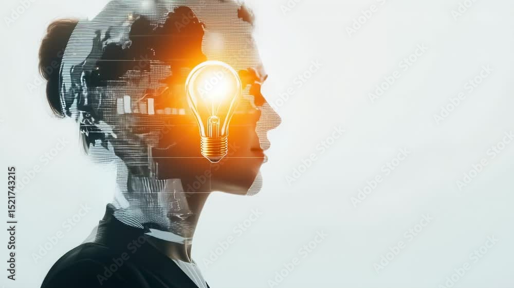 Poster womans profile with lightbulb and world map overlay, conceptual image