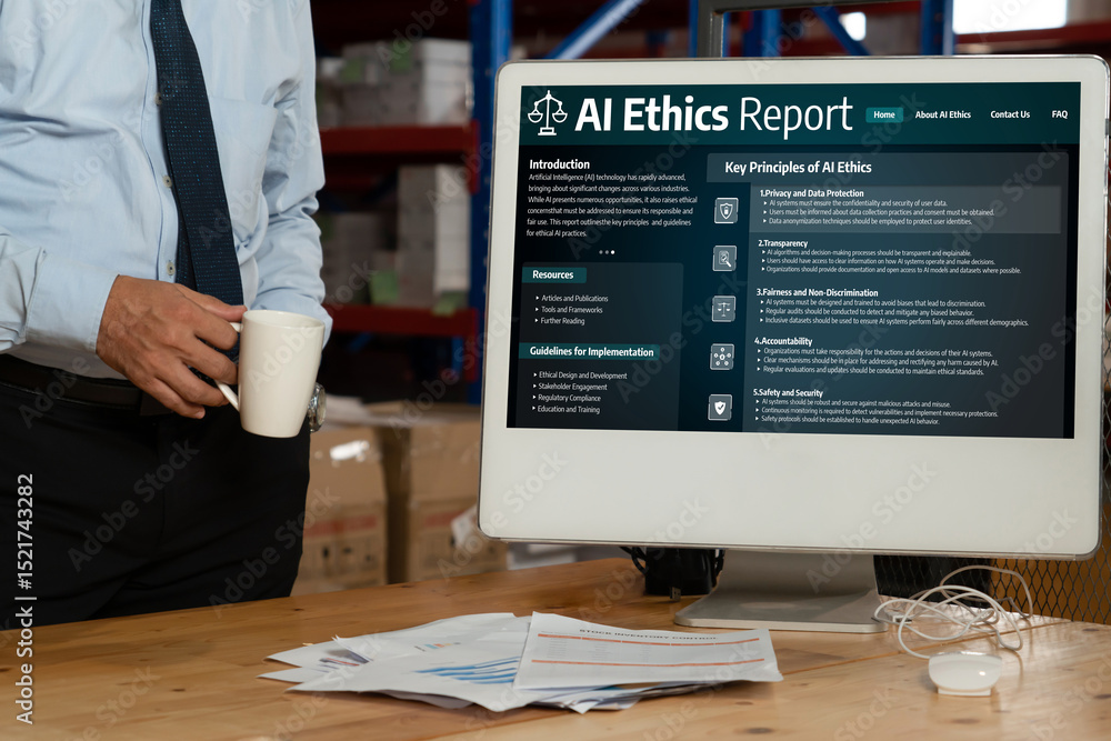 Poster ai ethics responsibility standard law and rules on computer screen provide report of ai ethic transp