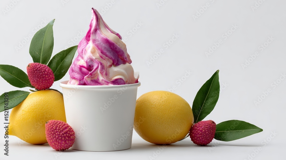Poster white container with a pink and white swirl of ice cream sits on a table with a yellow lemon and a b