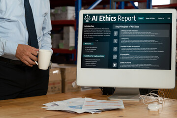 AI ethics responsibility standard law and rules on computer screen provide report of AI ethic...