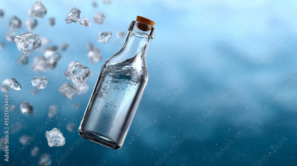 Poster bottle of water is floating in the air with ice cubes surrounding it. concept of weightlessness and 