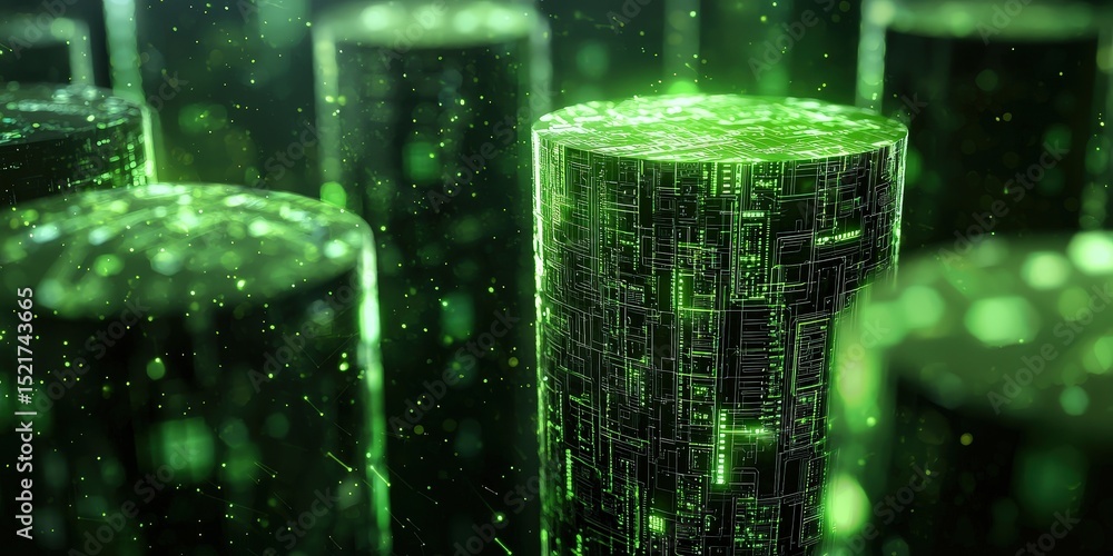 Poster system design implementation concept. futuristic green digital landscape with abstract cylindrical s