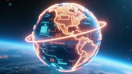 Animated globe with 5g technology and data flow lines illustrating global connectivity and fast internet 4K Ai HD video.
- Powered by Adobe