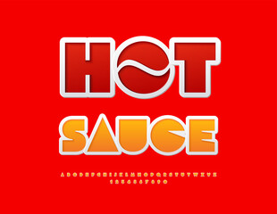 Vector Gourmet label Hot Sauce with Decorative Emblem. Orange Sticker Font. Modern Geometric Alphabet Letters and Numbers set