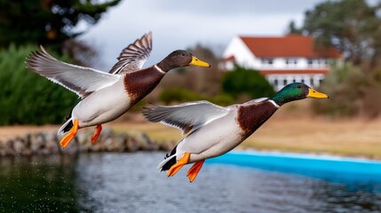Two ducks flying in the air over a body of water. The ducks are in the air and are flying towards a house