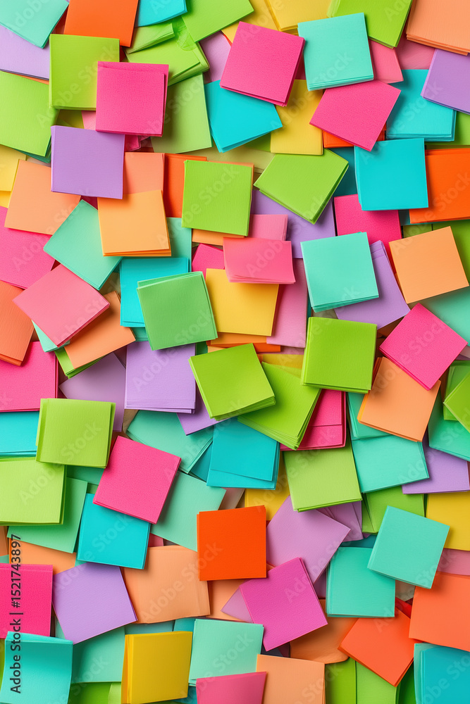 Poster colorful sticky notes scattered across a table in a creative workspace environment