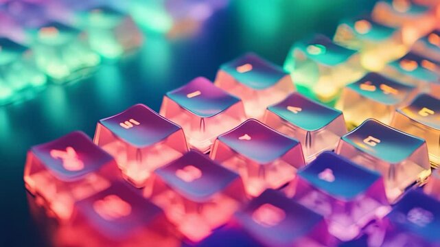 Close-up of a vibrant RGB mechanical keyboard with transparent keycaps