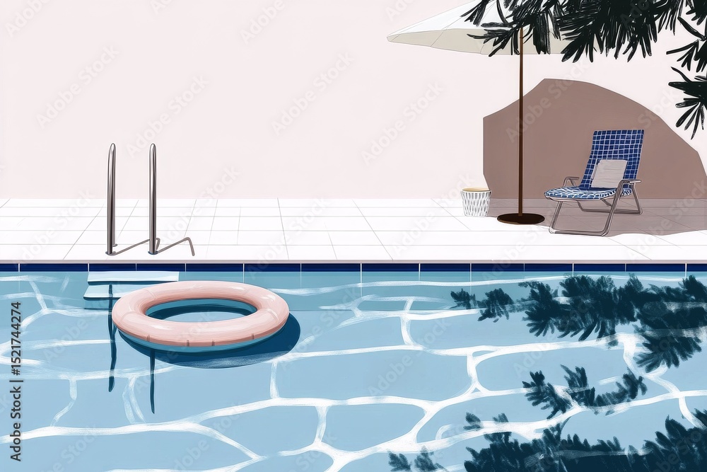 Poster relaxing afternoon by the pool with a float and lounge chair under the shade