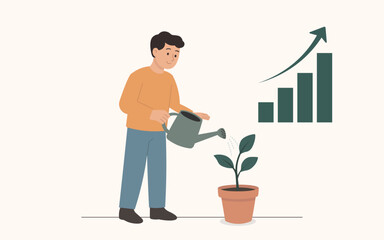 Man Watering a Plant with Growth Chart, Symbolizing Business Growth, Flat Vector Illustration