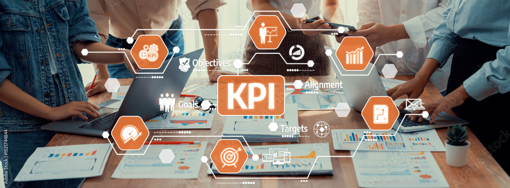 Poster a dynamic business meeting focused on kpi analysis, showcasing professionals working collaboratively