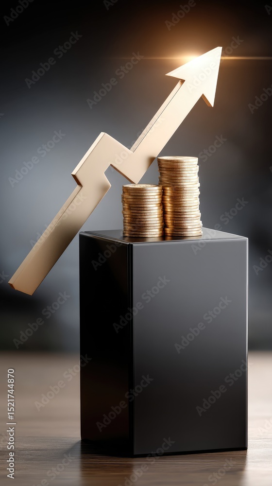 Aufkleber 3d rendering features a stack of gold coins on a podium with an upward arrow, emphasizing business g