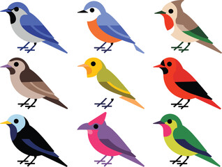 Nine Stylized Birds in Flat Vector Design Featuring Blue Jay, Robin, Cardinal.