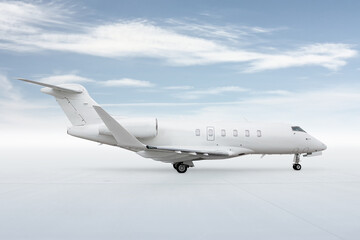 Modern white private jet isolated on bright background with sky