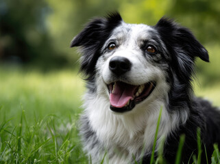 Happy Border Collie Dog Smiling in Green Grass Outdoors