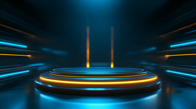 Futuristic stage design featuring glowing lights and a circular platform