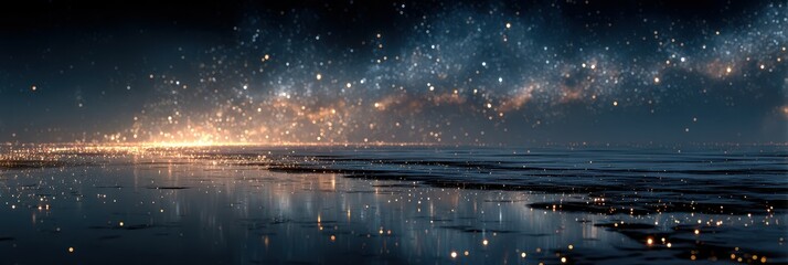 Vast night sky filled with stars reflecting on tranquil water at the horizon during a serene evening