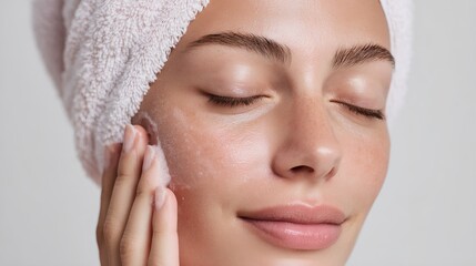 A woman is applying makeup and smiling